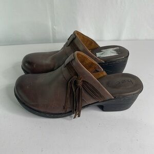Boc brown, leather and suede clog with fringe detail